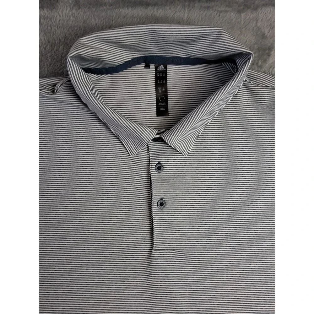 Mens ADIDAS XXL Polo‎ Golf Short Sleeve Shirt Polyester Gray Blue White Stripes